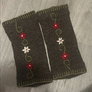 Elegant Brown Knit Leg Warmers with Floral Design